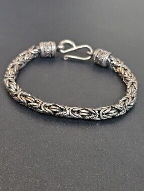 925 Indonesia Byzantine Sterling Silver Chain Bracelet Hook Clasp 7" 26 Grams